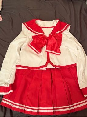 JK Kawaii Red & White Long-Sleeve Sailor Dress with Bow